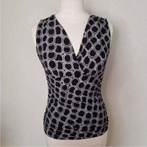 George Women Knit Geometric V-Neck Blouse Sleeveless Top Black White Large 12-14